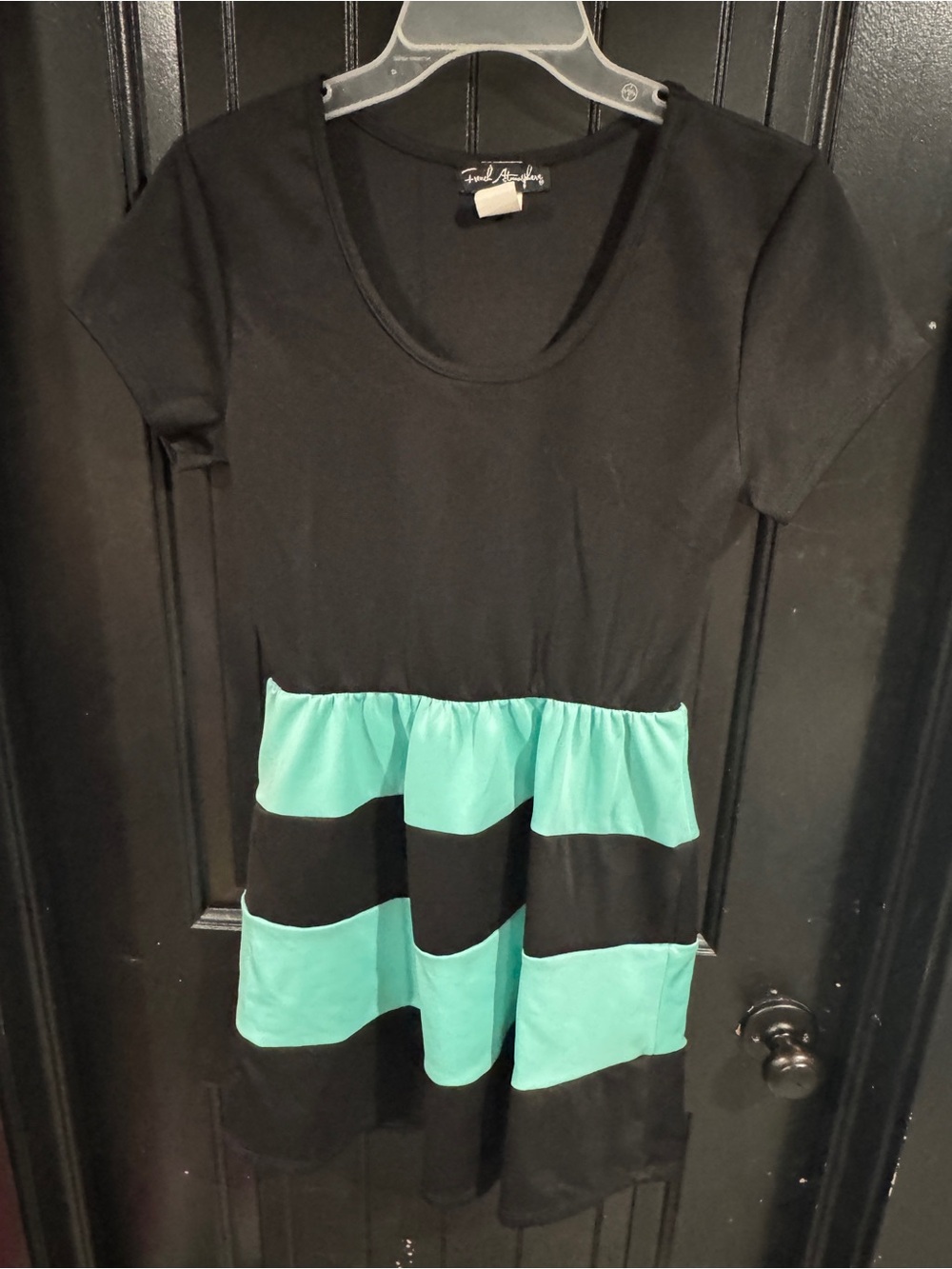 French Atmosphere Black and Mint Green Striped Scoop Neck Dress